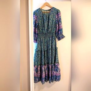 Tiered Boho Midi Dress in Green Floral - Large